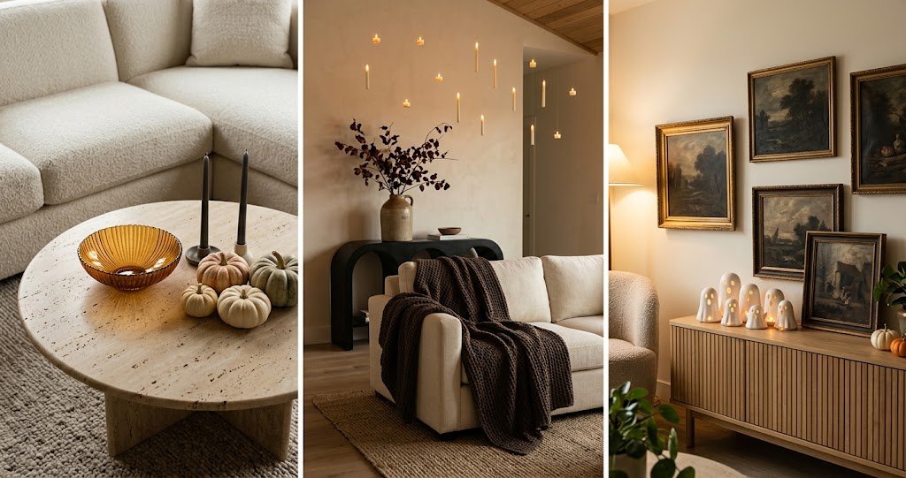 Editorial triptych of aesthetic living room halloween decor ideas featuring cozy couches, candlelit consoles, and styled coffee tables.