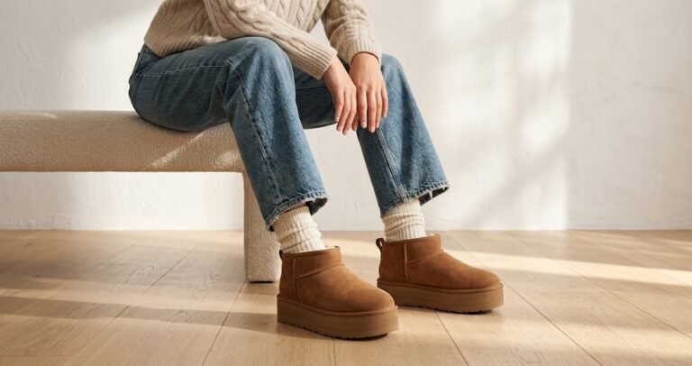 Platform UGG boots with scrunched ribbed socks and relaxed denim for chic ugg boots outfit ideas.