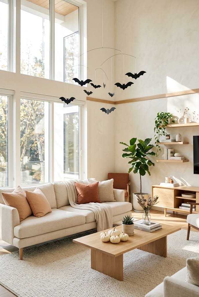 Sun-drenched modern living room with floating bat mobile and light oak coffee table for living room halloween decor ideas.