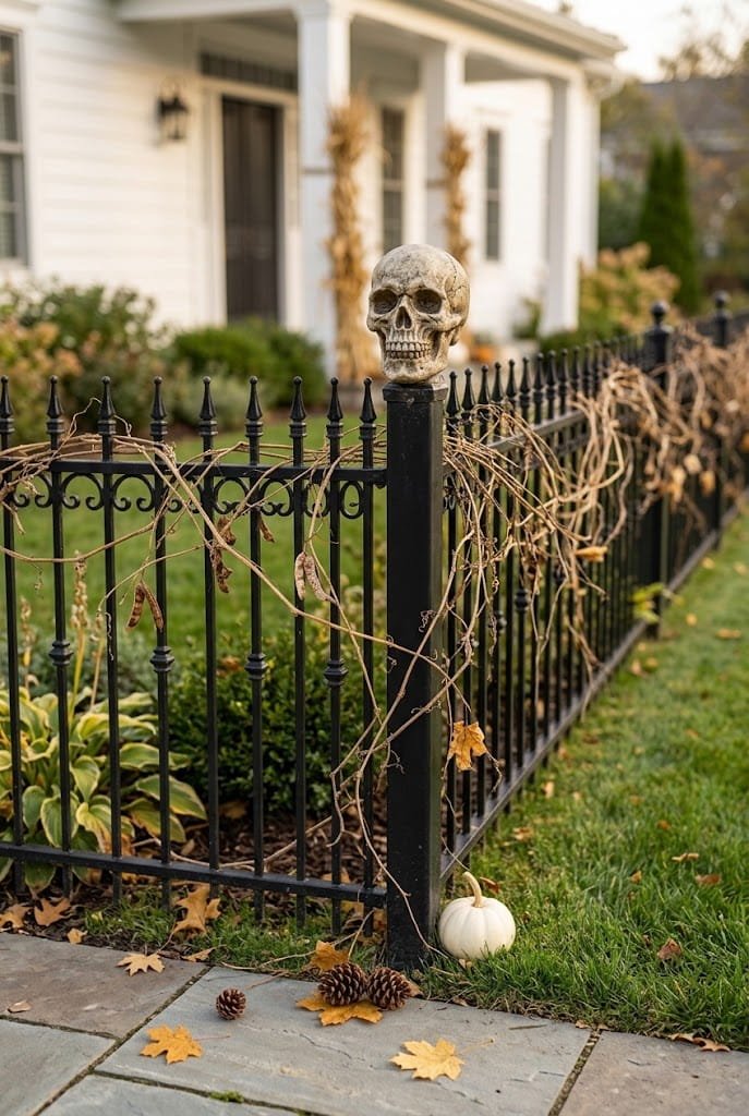 Wrought iron fence accented with subtle skull finials for cheap halloween yard decorations.