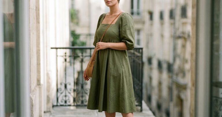 Apron belly outfits for ladies featuring a stylish woman in a flattering olive green empire-seam midi dress.