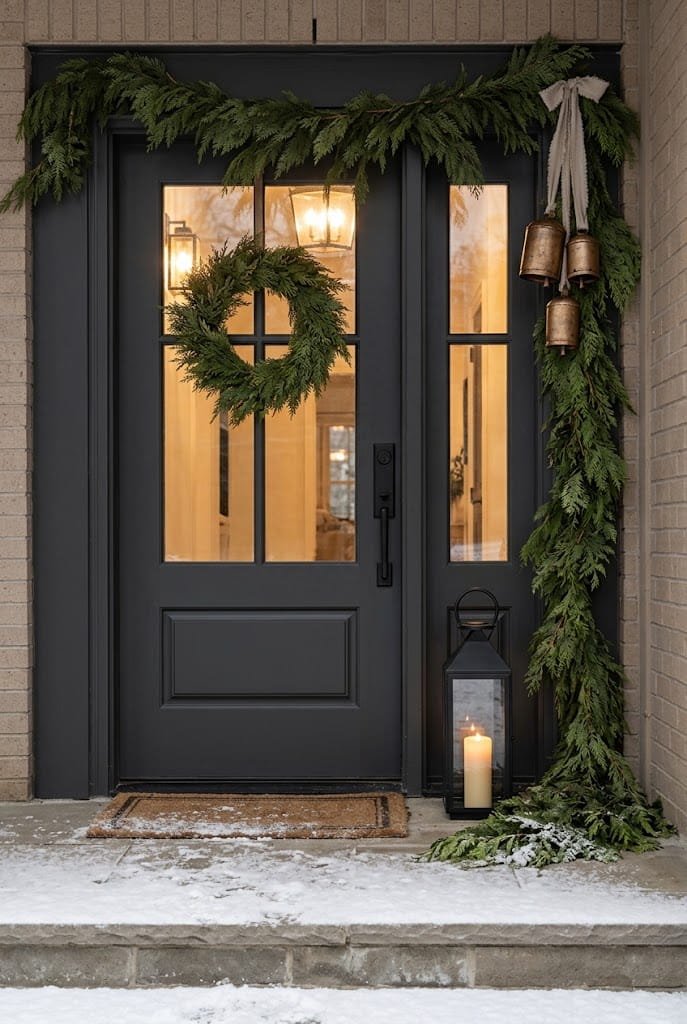 Asymmetrical cedar door garland with antique brass bells for front porch christmas decorating ideas.