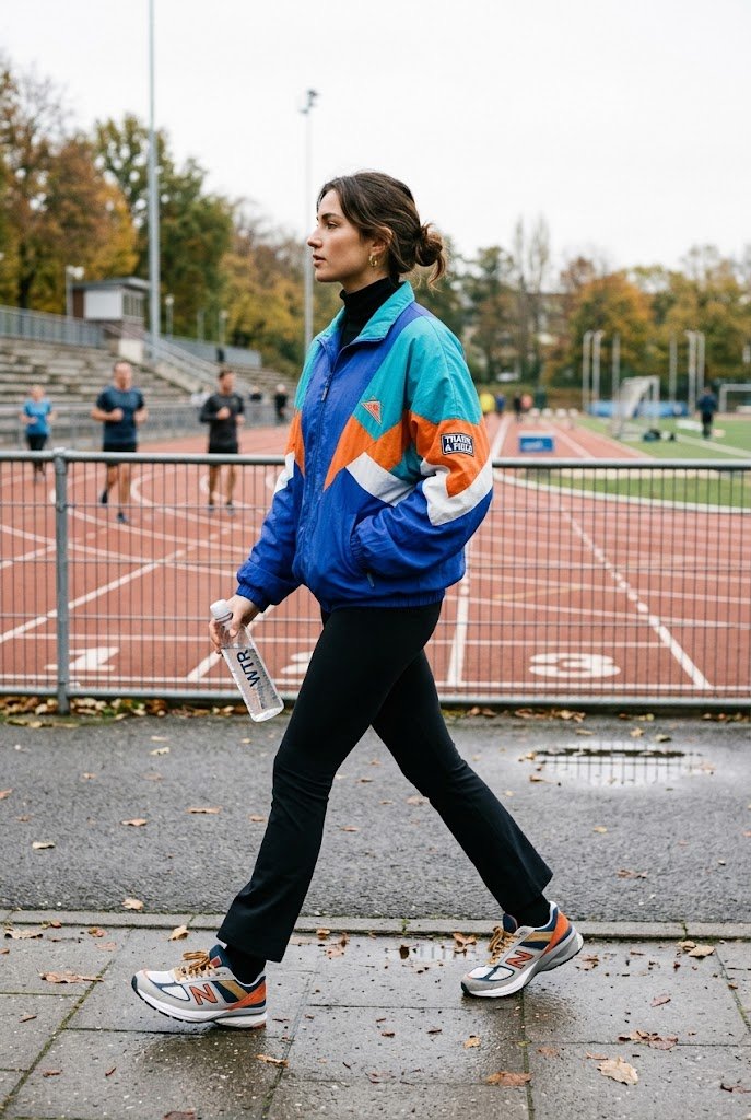Oversized athletic windbreaker paired with chunky sneakers and black flare leggings for sporty outfits.