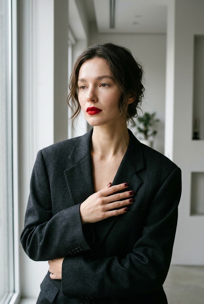Bare skin with bold velvet scarlet red lipstick for simple holiday makeup.