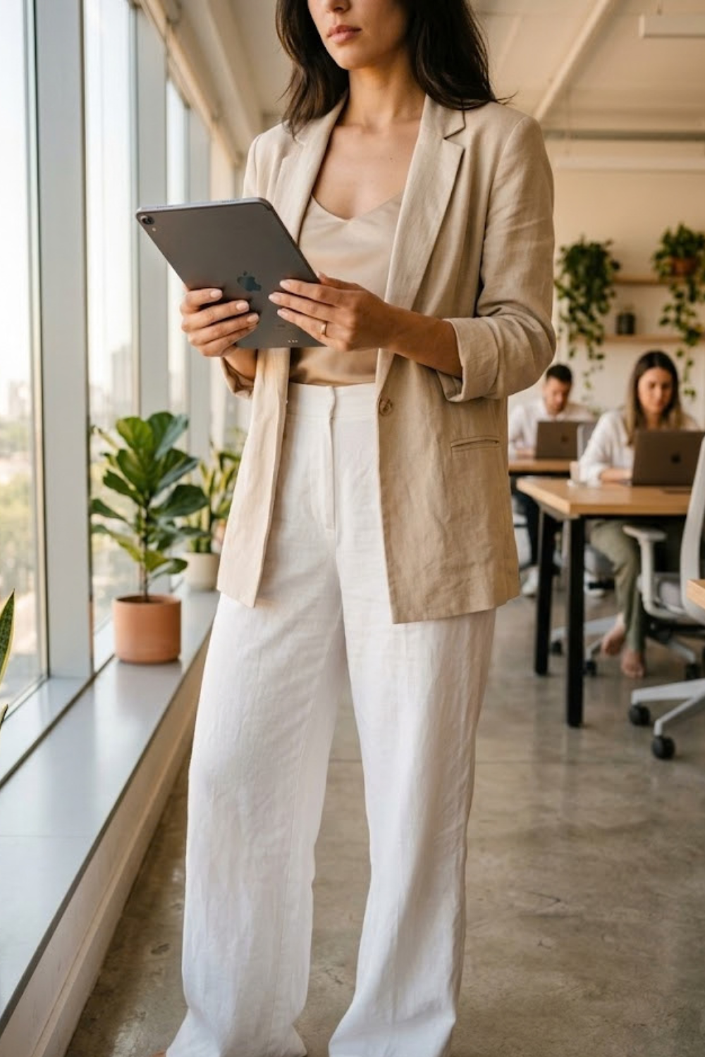 Beige linen blazer styled with white wide-leg trousers for summer casual Friday work outfit ideas.