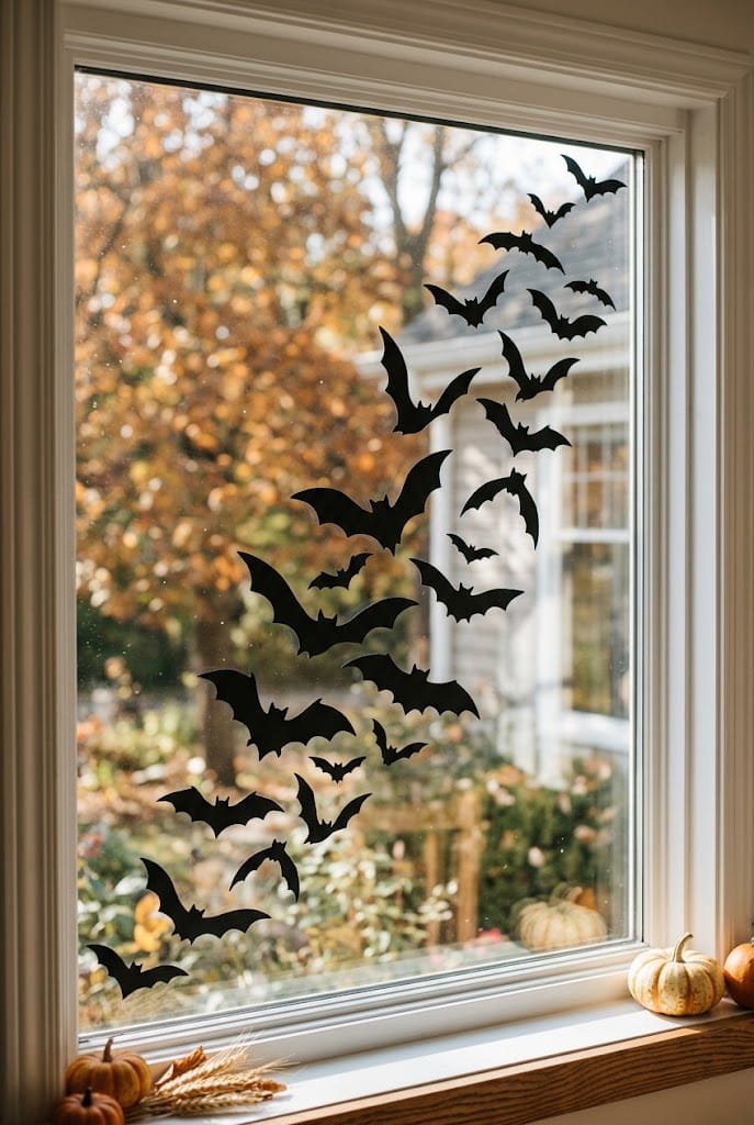 Matte black bat swarm painted across glass pane for spooky window silhouettes DIY.