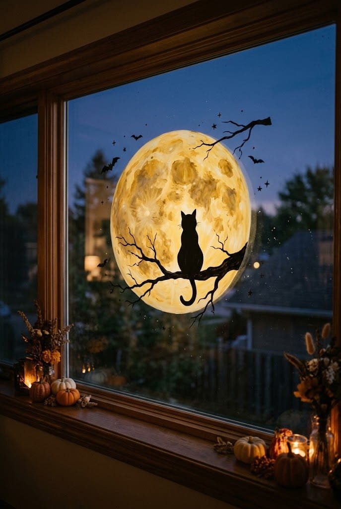 Black cat silhouette on yellow harvest moon for halloween window painting ideas.