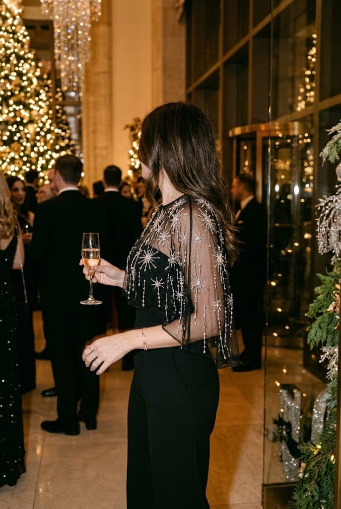 Black tailored jumpsuit with crystal embellished capelet for classy christmas party outfits.