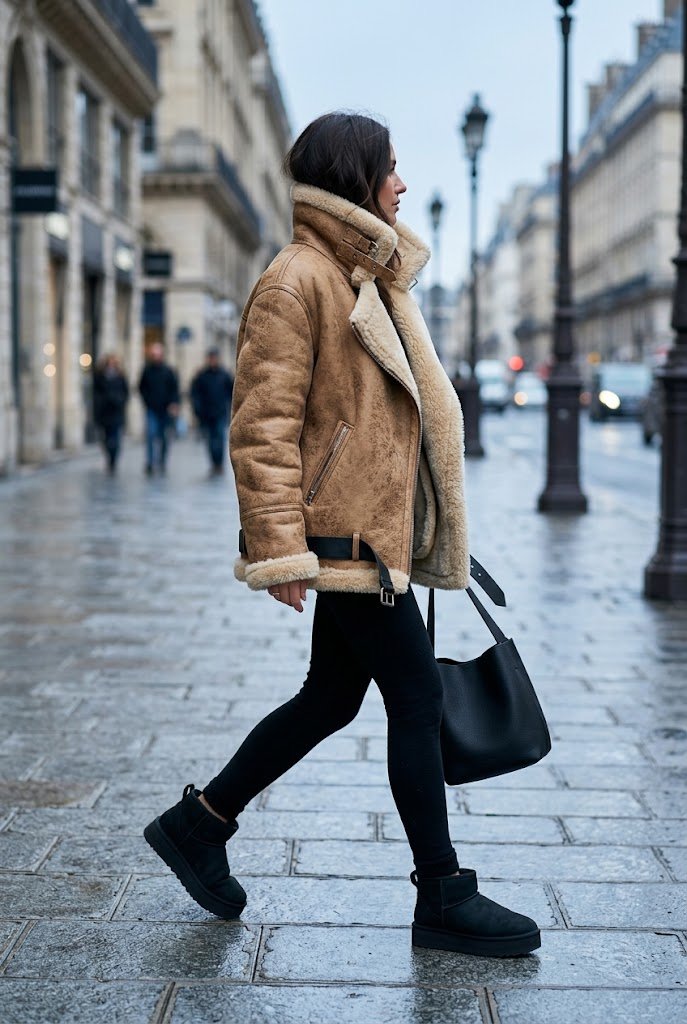 Black mini UGG boots with monochrome activewear and shearling jacket for casual winter outfits with uggs.