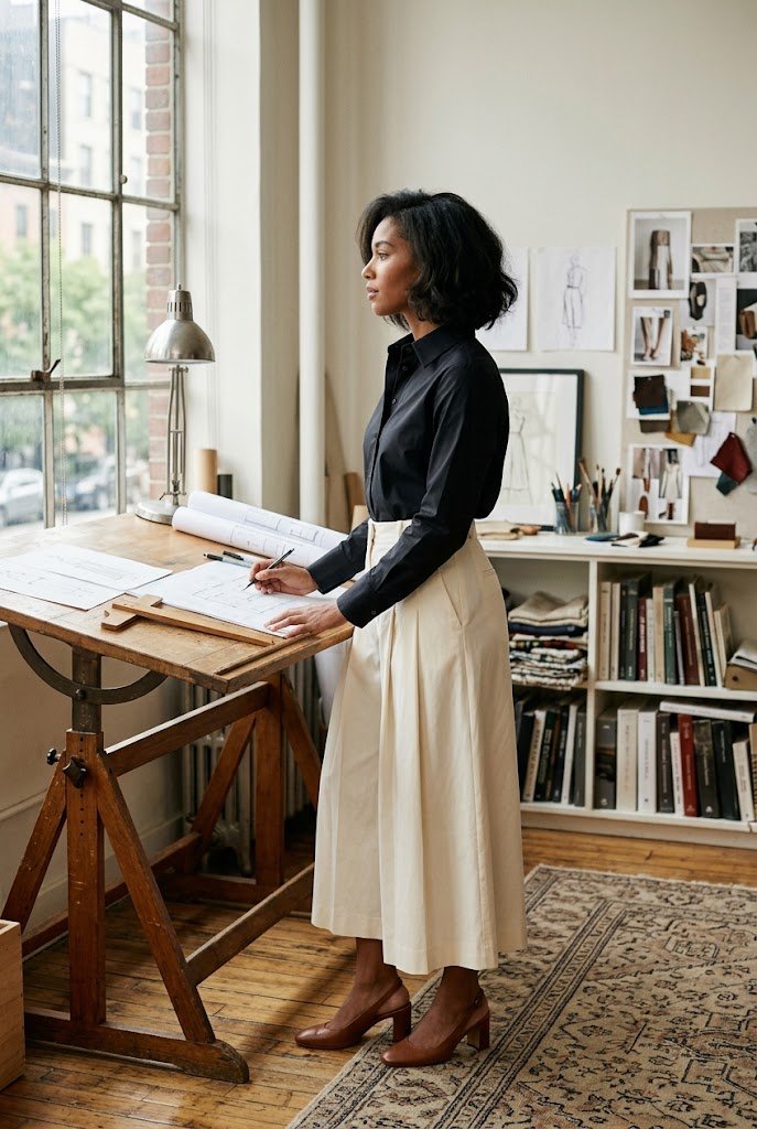 black-poplin-shirt-cream-culottes-workwear for casual friday work outfit