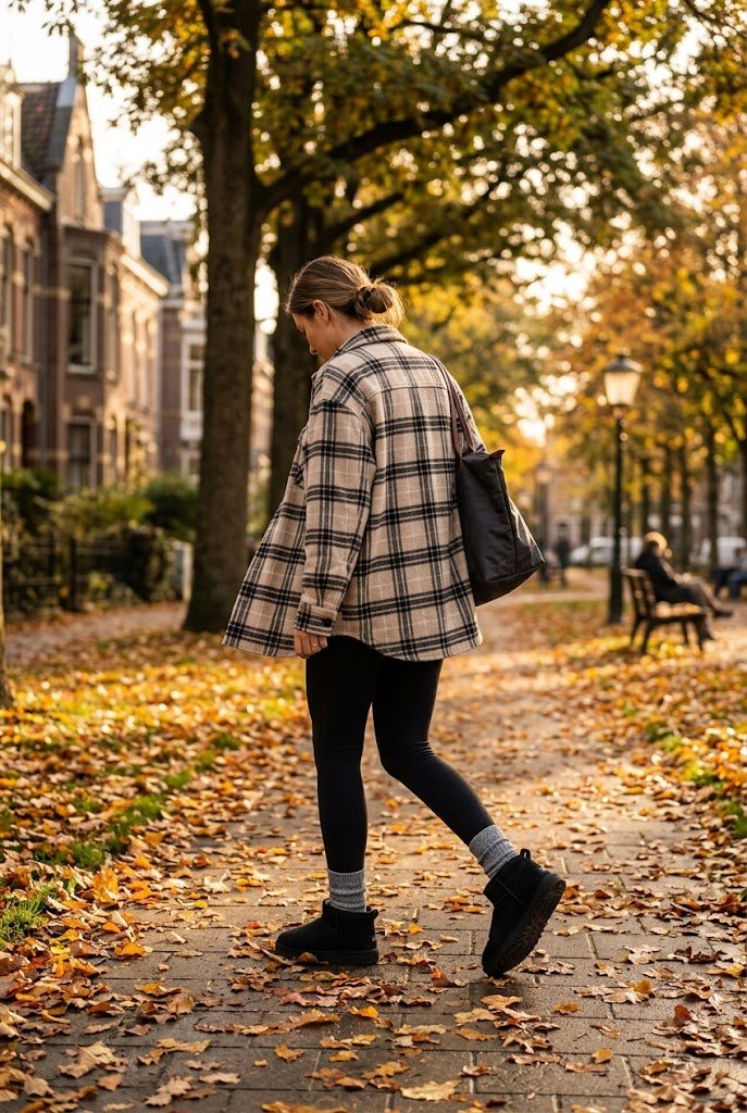 Black ultra mini UGGs styled with plaid flannel shacket and leggings for casual winter outfits with uggs.