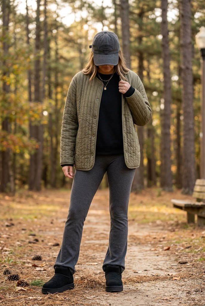 Black ultra mini UGGs paired with flared leggings and quilted jacket for ugg boots with flare leggings.