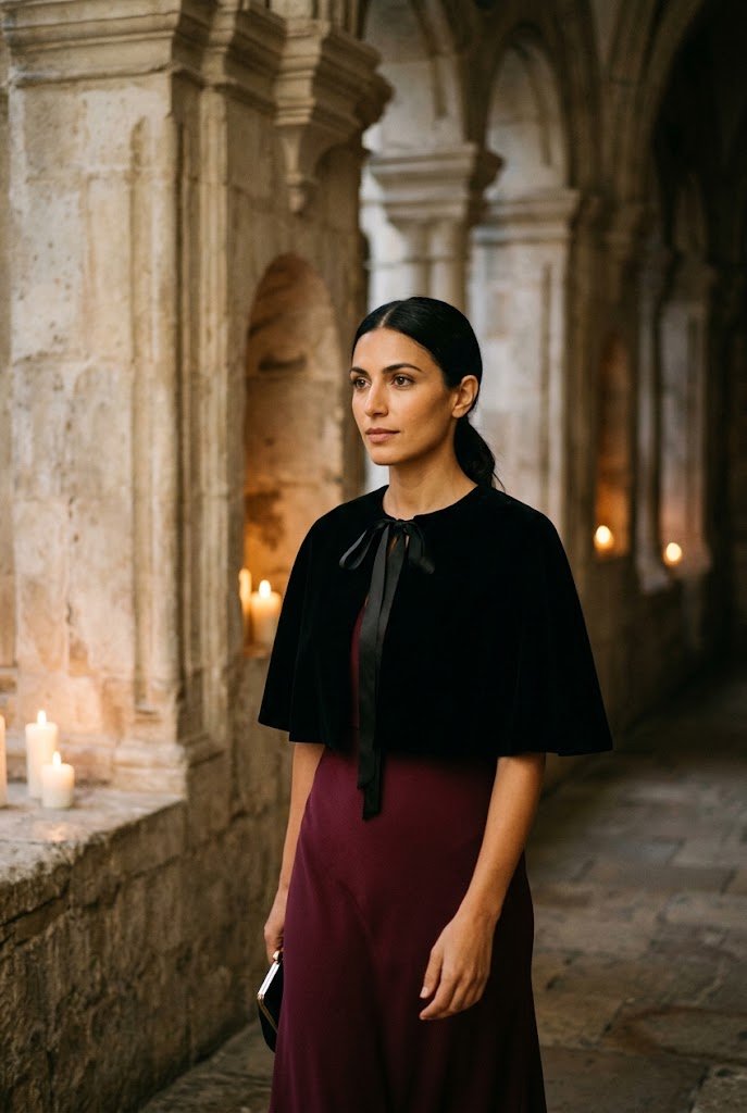Black velvet capelet with ribbon tie for chic winter wedding cover ups.