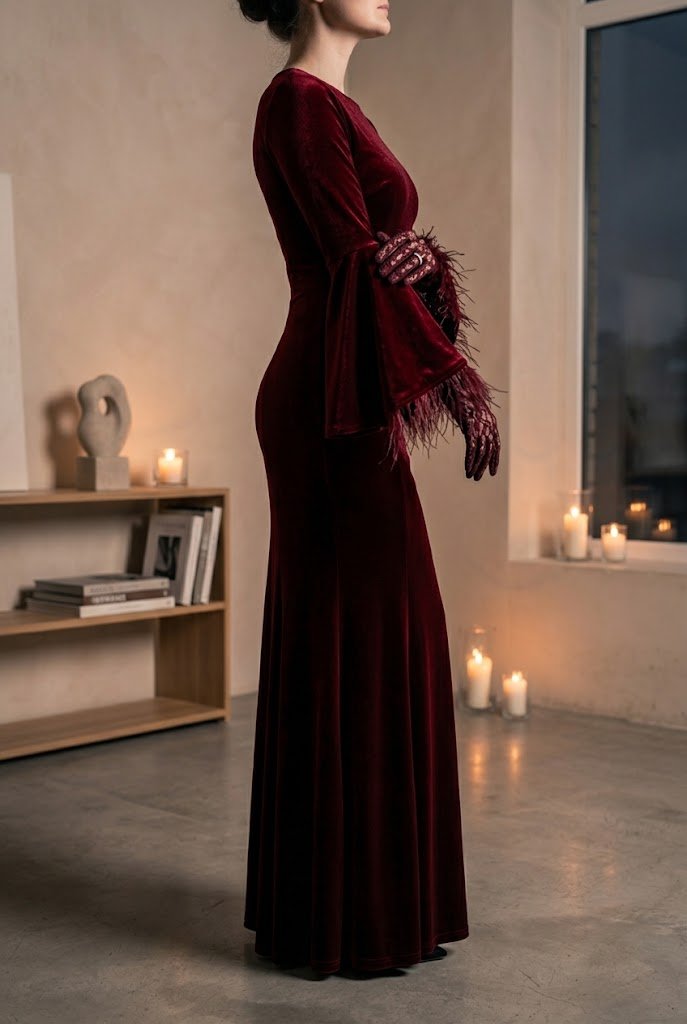 Blood red velvet column dress with bell sleeves in a modern candlelit party setting for chic & aesthetic Halloween party outfits.