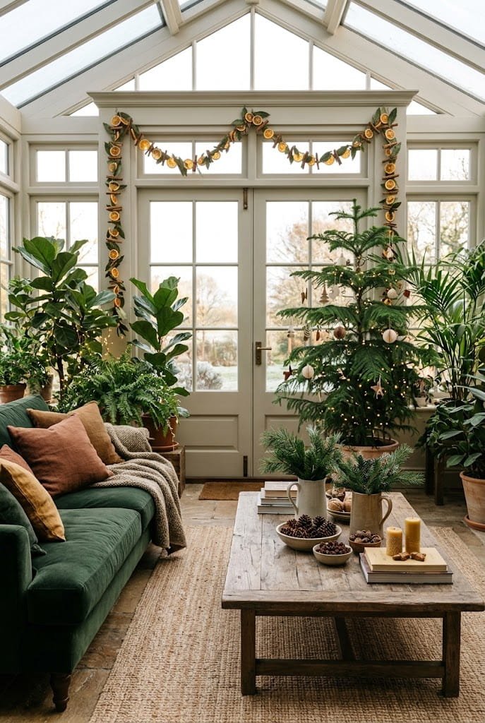 Botanical conservatory living room with green velvet sofa and citrus garland for rustic christmas living room decor.