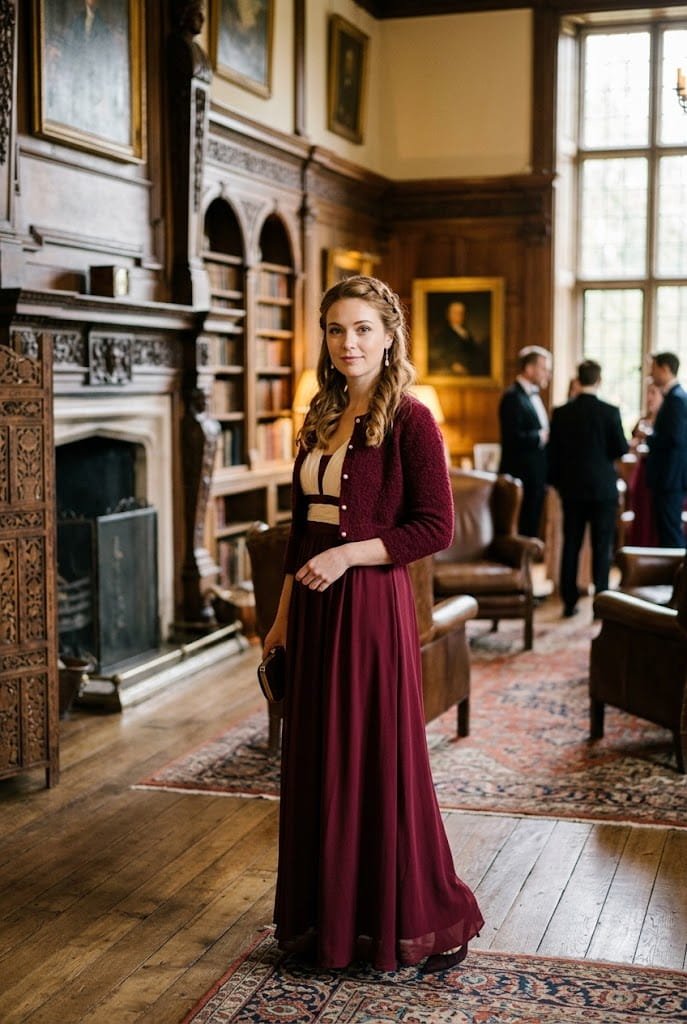 Burgundy bouclé shrug with pearl buttons for chic winter wedding cover ups.