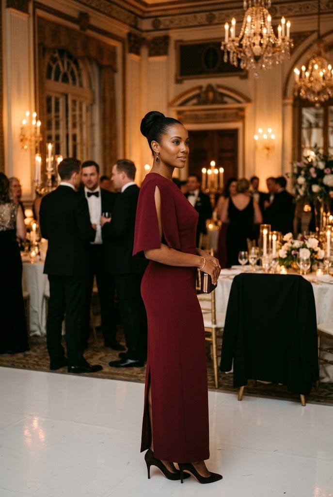 Burgundy crepe sheath dress with split capelet sleeves for winter wedding guest dresses with sleeves.