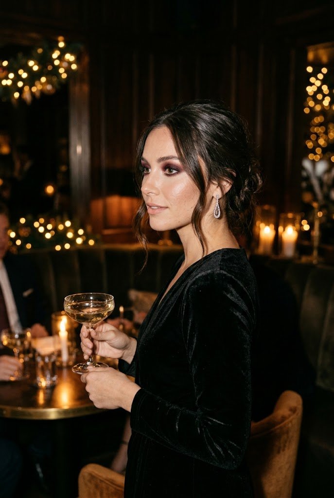 Burgundy velvet smokey eyeshadow with champagne waterline for festive christmas makeup.