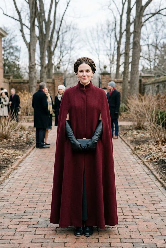 Monochromatic burgundy wool cape with high neck for winter wedding guest outerwear ideas.