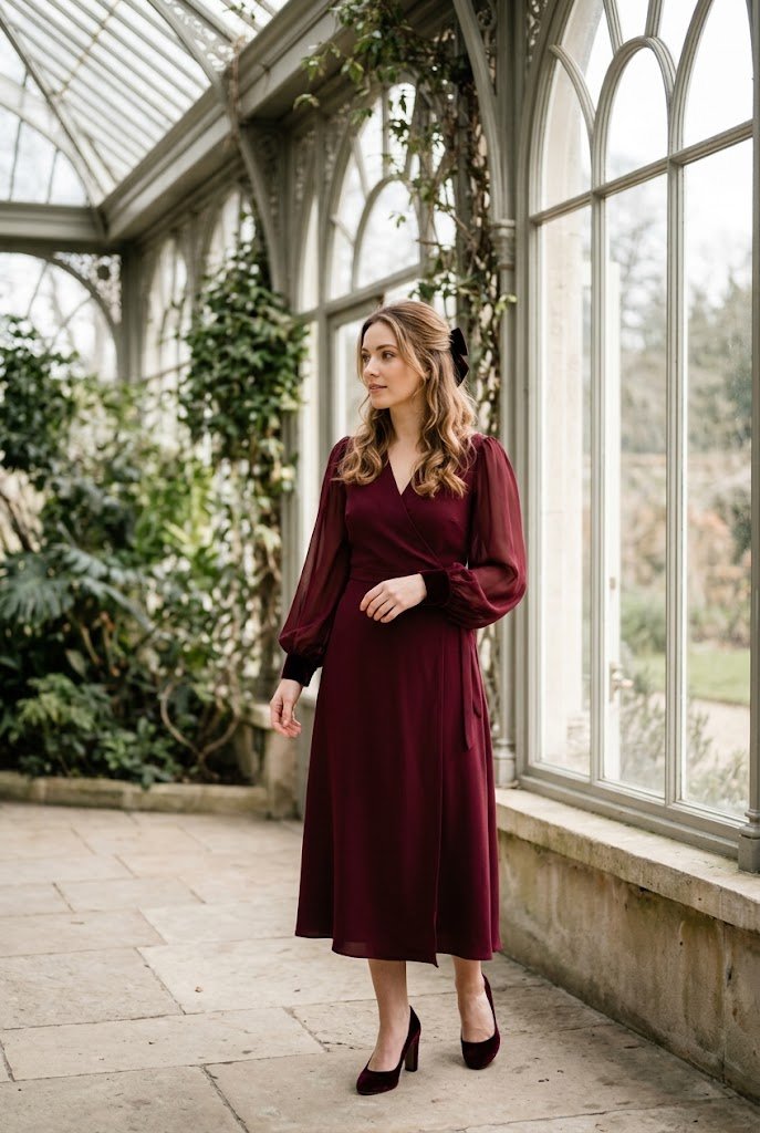 Burgundy wrap midi winter wedding guest dress with chiffon bishop sleeves and soft half-up hairstyle.