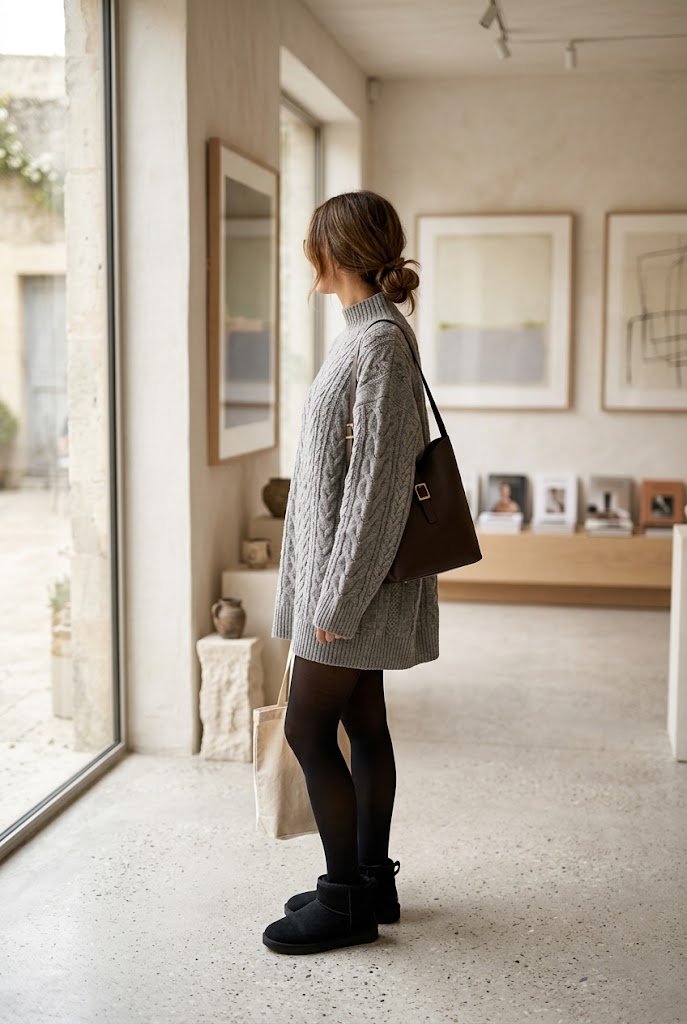 Oversized cable knit sweater dress paired with black tights and mini UGG boots for how to style ugg boots.