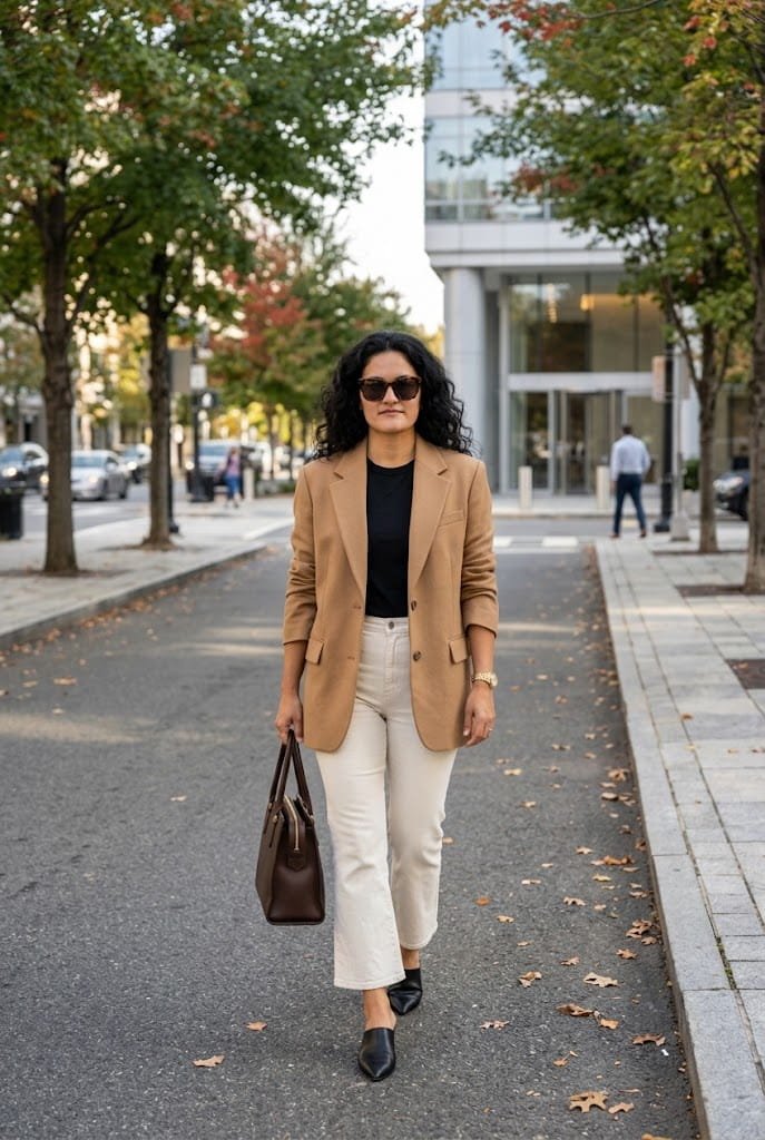 Structured camel blazer styled with off-white flare denim for casual Friday work outfit ideas.