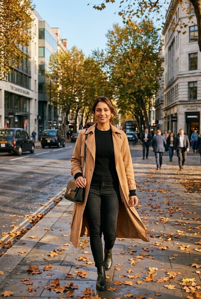 Fluid camel trench coat layered over all-black workwear for fall casual Friday work outfit ideas.