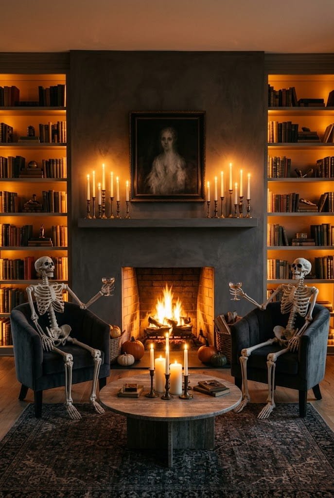 Symmetrical candlelit living room with twin chairs and ghost mantel painting for living room halloween decor ideas.
