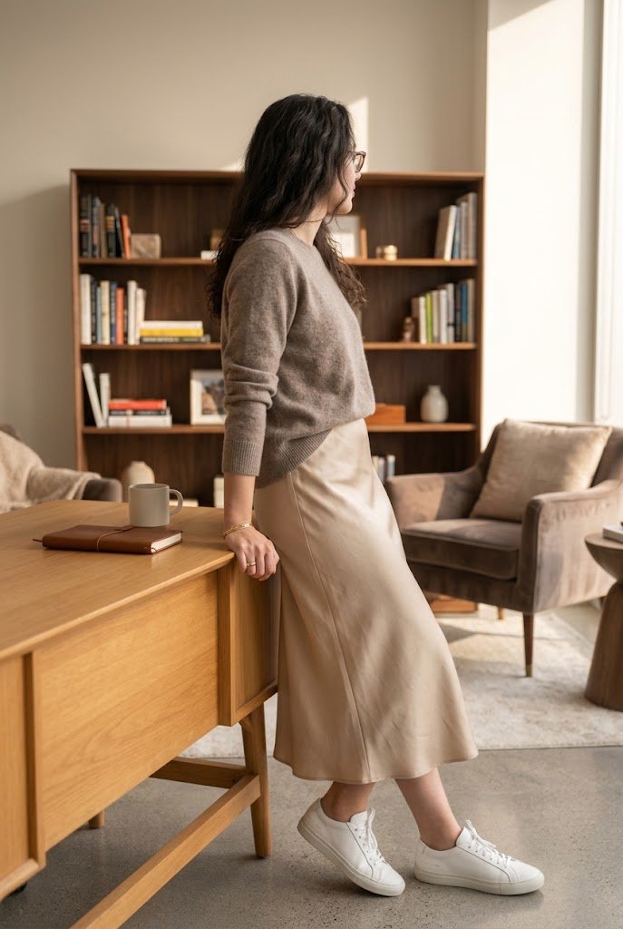 Taupe cashmere sweater paired with champagne satin midi skirt for casual Friday work outfit ideas.