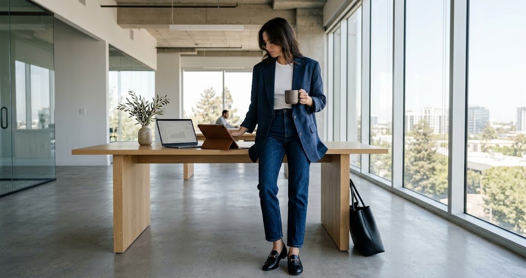 Casual Friday work outfit ideas featuring a chic oversized blazer, tailored denim, and leather loafers in a modern sunlit office.