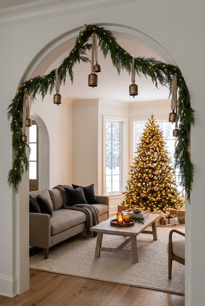 Open concept living room with cedar archway garland and taupe couch for simple christmas living room decor.