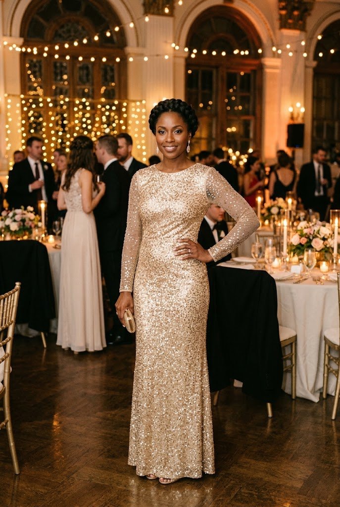 Champagne gold sequin long sleeve column gown for black-tie winter wedding guest outfits.