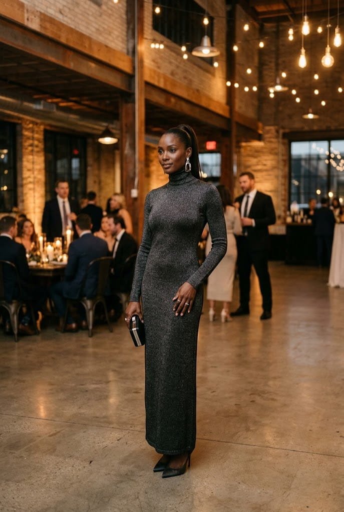 Charcoal metallic knit turtleneck dress with sleek high ponytail for chic winter wedding guest outfits.
