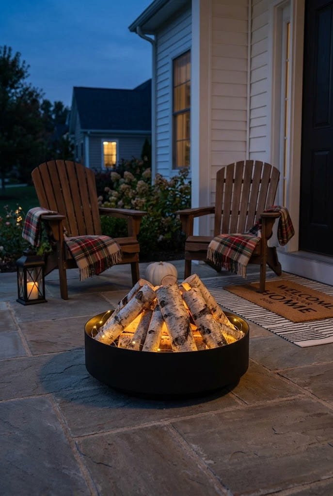 Dried cornstalk bundles tied to porch columns for halloween front porch decor.