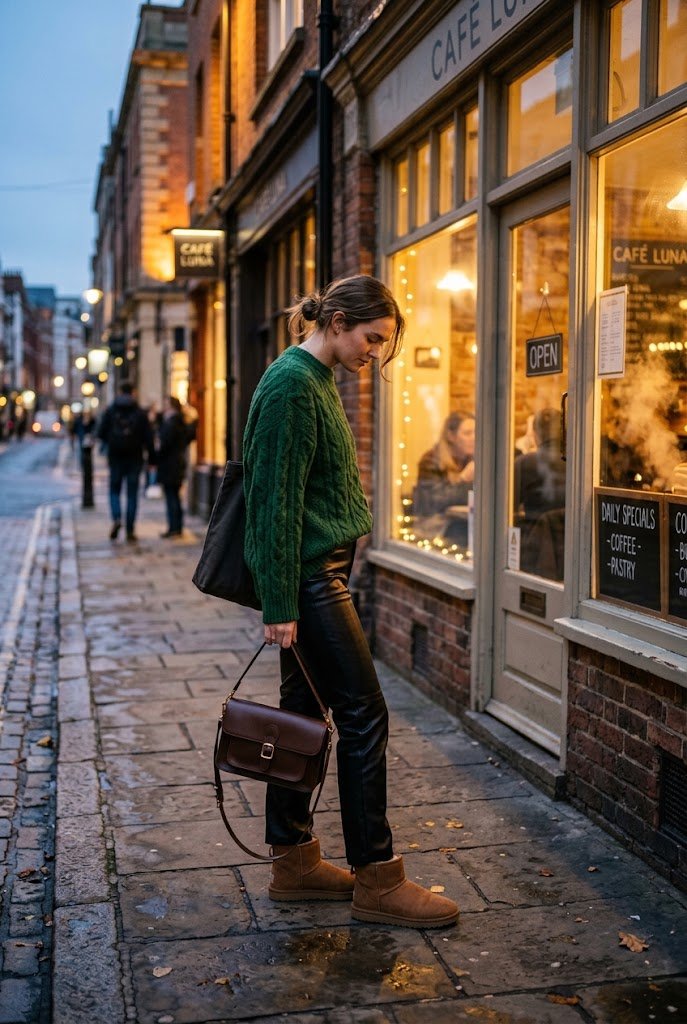 Chestnut mini UGG boots with black leather pants and knit sweater for how to style ugg boots.