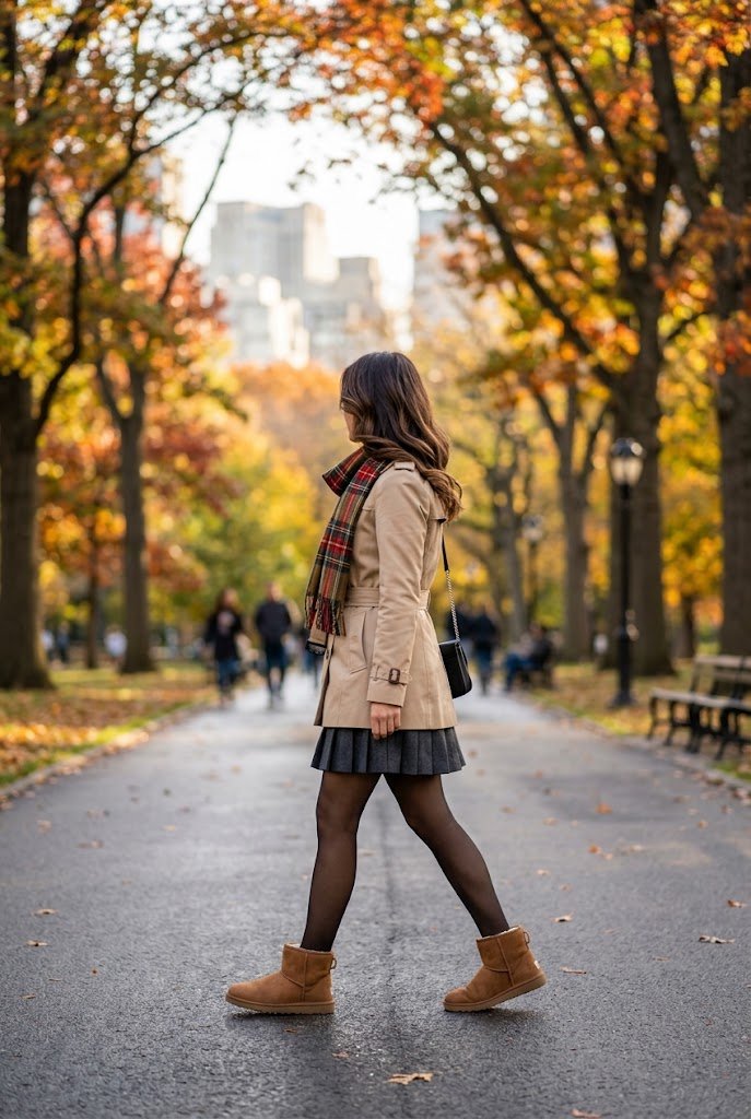 Chestnut mini UGGs styled with black tights and pleated skirt for chic ugg boots outfit ideas.