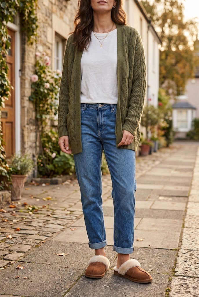 Chestnut UGG slippers styled with cuffed mom jeans and cardigan for casual winter outfits with uggs.