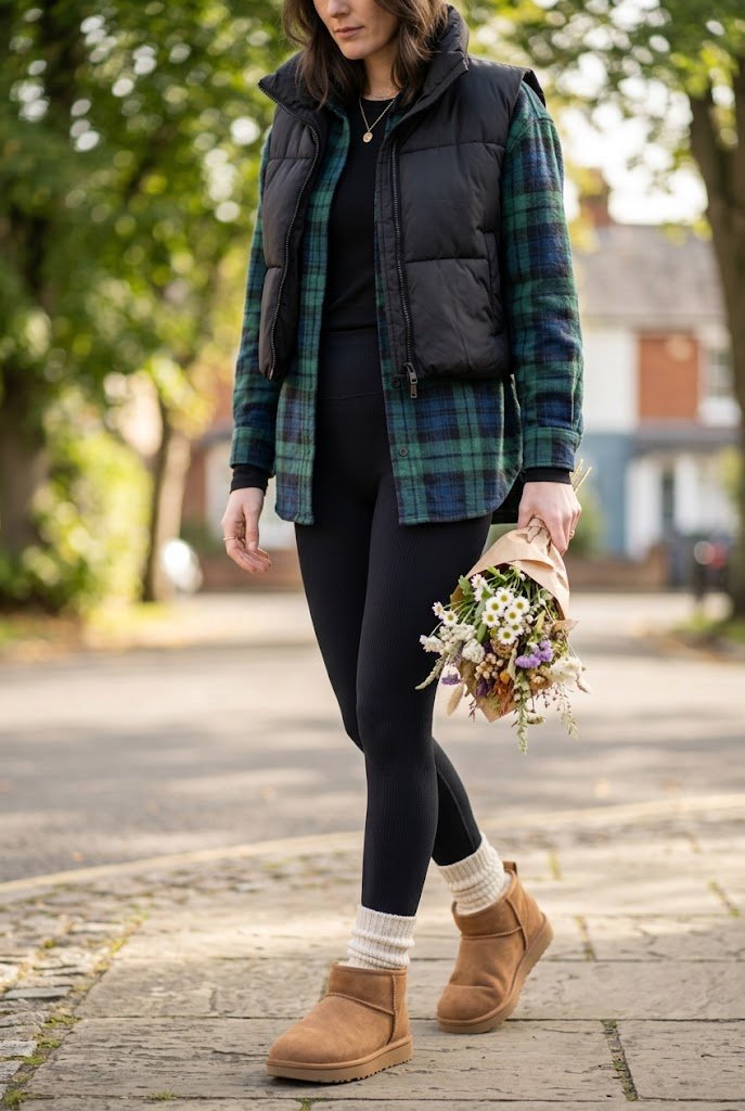 Chestnut ultra mini UGGs with flannel shirt and cropped puffer vest for ultra mini uggs outfit.