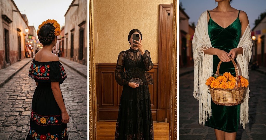 Triptych collage of chic day of the dead outfit ideas featuring black lace dresses and marigold floral crowns