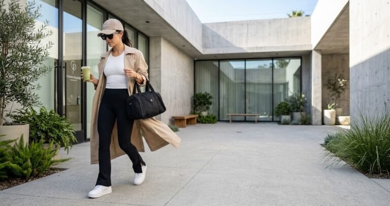 Chic flare leggings outfit ideas styled with an oversized trench coat and platform sneakers in an urban setting.