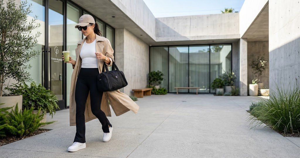 Chic flare leggings outfit ideas styled with an oversized trench coat and platform sneakers in an urban setting.