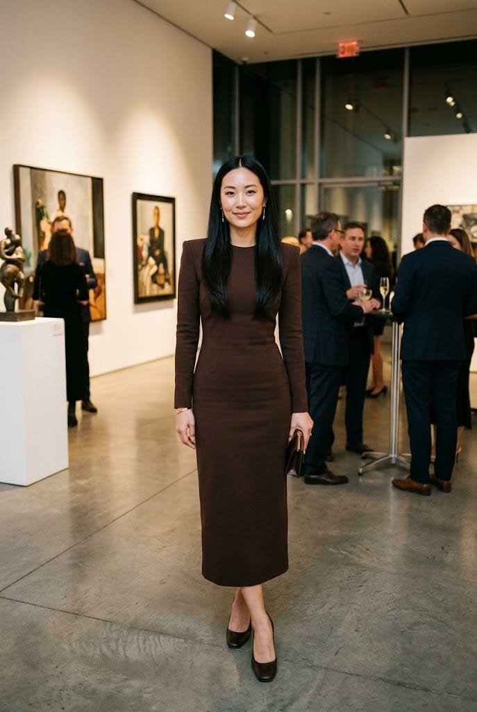 Deep chocolate brown double-knit winter wedding guest dress with structured shoulders and sleek blowout.