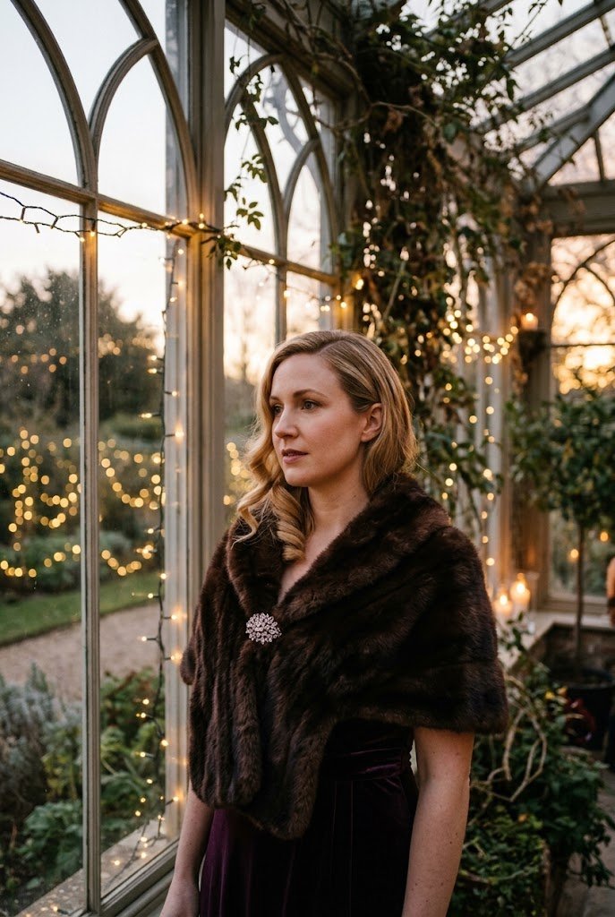 Chocolate espresso faux fur wrap for winter wedding guest with crystal brooch accent.