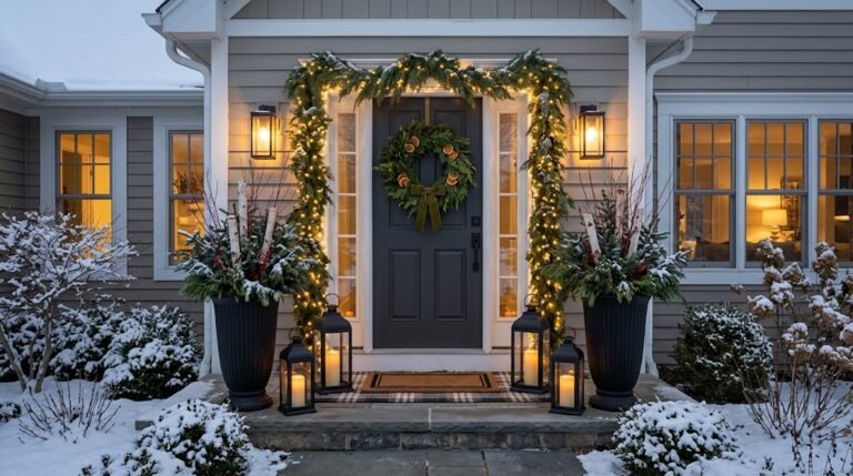 Complete cozy christmas porch decor with lit cedar garlands, birch planters, and warm lantern steps.