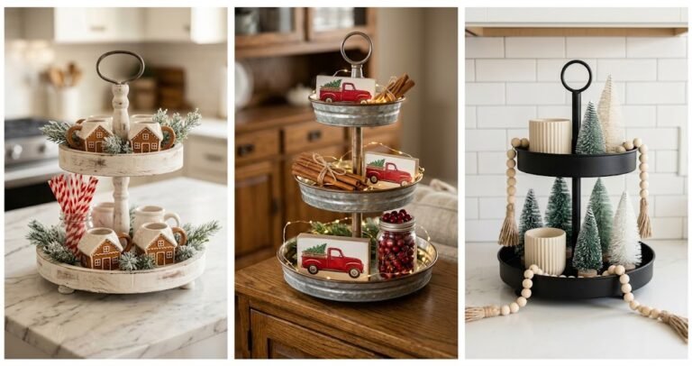 Triptych collage of aesthetic christmas tiered tray decor ideas featuring rustic wood, gingerbread mugs, and hot cocoa stations.
