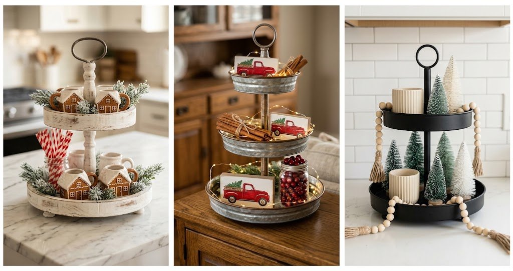 Triptych collage of aesthetic christmas tiered tray decor ideas featuring rustic wood, gingerbread mugs, and hot cocoa stations.