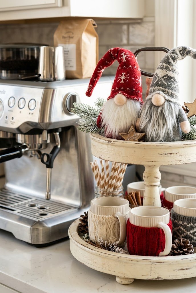 Coffee mugs in knit sweaters with plush gnomes for small christmas tiered tray styling.