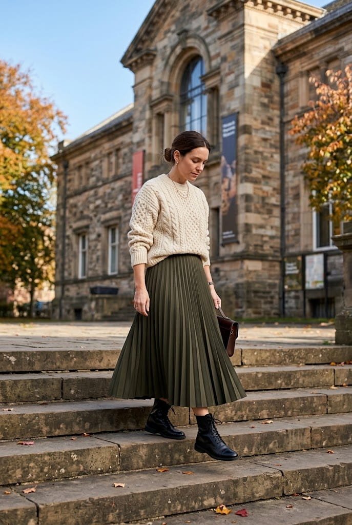 Chunky knit sweater paired with pleated midi skirt for fall apron belly outfits for ladies.