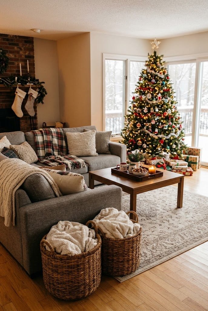 Family living room with grey sectional, woven blanket baskets, and lit tree for cozy holiday living room ideas.