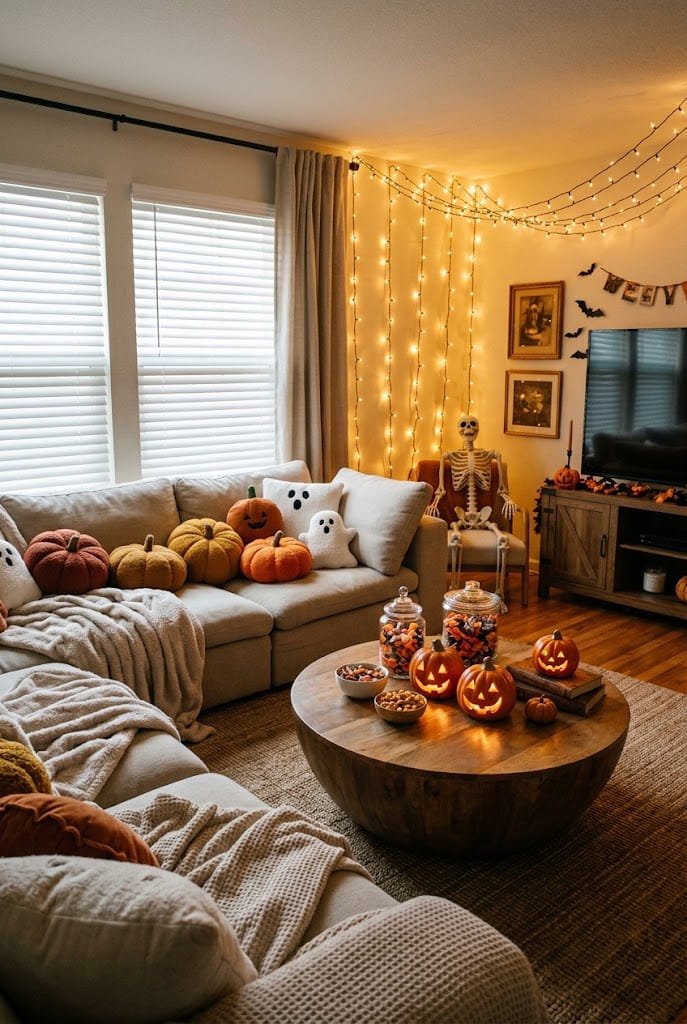 Beige modular couch with blankets and candy jar coffee table for cozy living room halloween decor.